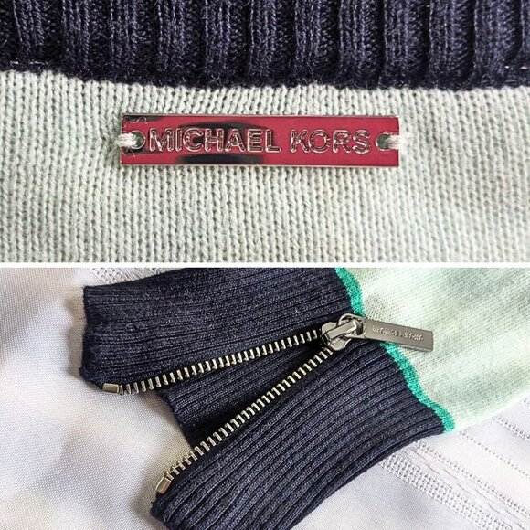 MICHAEL MICHAEL KORS Green Blue Stripe V-Neck LongSleeve Sweater Mini Dress Sz L - Picture 4 of 8